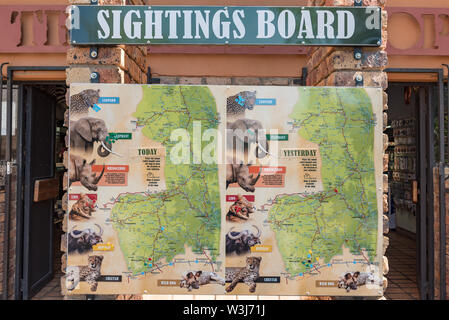 KRUGER NATIONAL PARK, SOUTH AFRICA - MAY 3, 2019: View of a typical sightings board in the Kruger National Park Stock Photo