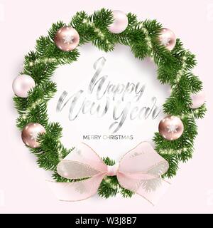Christmas fir tree wreath, gold balls and sparks Stock Vector