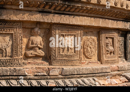 Myanmar aka Burma, Bagan. Historic Archaeological Zone near Le-myet-hna temple area. Temple detail of carved stone mythological creatures. Stock Photo