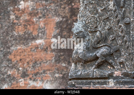 Myanmar aka Burma, Bagan. Historic Archaeological Zone near Le-myet-hna temple area. Temple detail of carved stone mythological creatures. Stock Photo