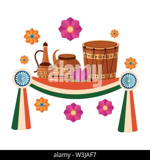 indian ceramic pots with drum and lotus flowers Stock Vector