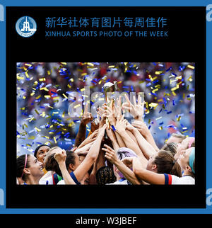 Beijing, France. 7th July, 2019. XINHUA SPORTS PHOTO OF THE WEEK (from July 8 to July 14, 2019) TRANSMITTED on July 16, 2019. Players of the United States celebrate during the awarding ceremony of the 2019 FIFA Women's World Cup at Stade de Lyon in Lyon, France, July 7, 2019. Credit: Mao Siqian/Xinhua/Alamy Live News Stock Photo