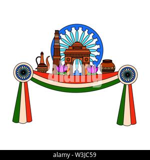 indian gateway with ashoka chakra and lotus flowers Stock Vector