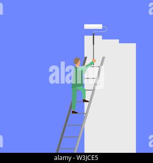 Painter with Roller Painting Wall. Worker on Ladder Paints Home. Renovation and Repair Service Concept. Stock Vector