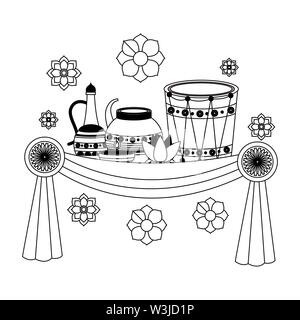 indian ceramic pots with drum and lotus flowers Stock Vector
