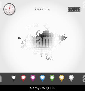 Dots Map of Eurasia. Simple Silhouette of Eurasia. Realistic Vector Compass. Set of Multicolored Map Markers. Vector Illustration. Stock Vector