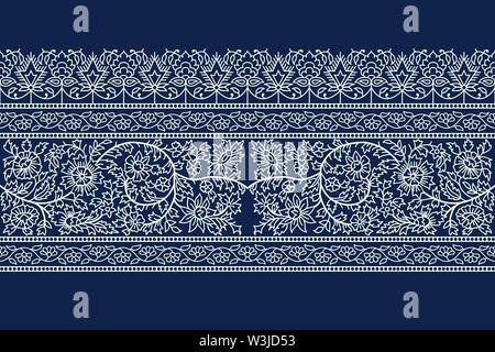 Woodblock printed indigo dye seamless floral ethnic border. Traditional oriental ornament of India, flower garland motif, ecru on navy blue background Stock Vector