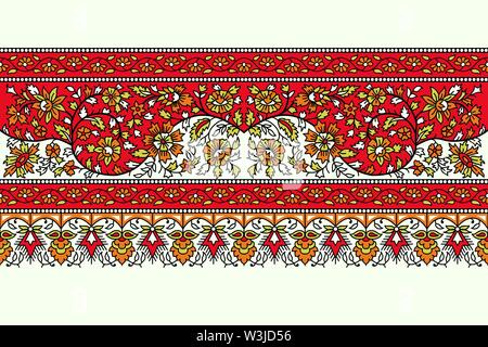 Woodblock printed seamless floral ethnic border. Traditional oriental ornament of India, flower garland motif, orange, red and green tones on ecru Stock Vector