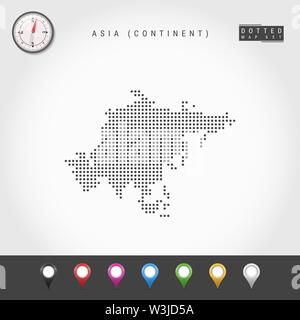 Dots Map of Asian continent. Simple Silhouette of Asia. Realistic Vector Compass. Set of Multicolored Map Markers. Vector Illustration. Stock Vector