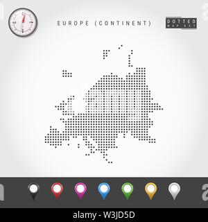 Dots Map of European Continent. Simple Silhouette of Europe. Realistic Vector Compass. Set of Multicolored Map Markers. Vector Illustration. Stock Vector