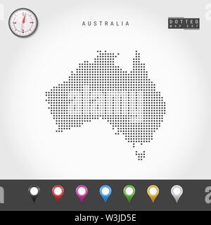 Dots Map of Australia. Simple Silhouette of Australia. Realistic Vector Compass. Set of Multicolored Map Markers. Vector Illustration. Stock Vector