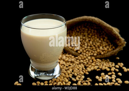 Soybean and soy milk in a glass on a black background. Stock Photo