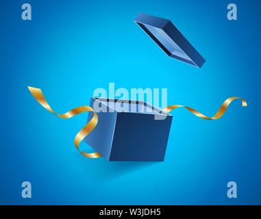 Blue opened 3d realistic gift box with golden ribbons flying off cover and place for your text, realistic box vector illustration. Stock Vector