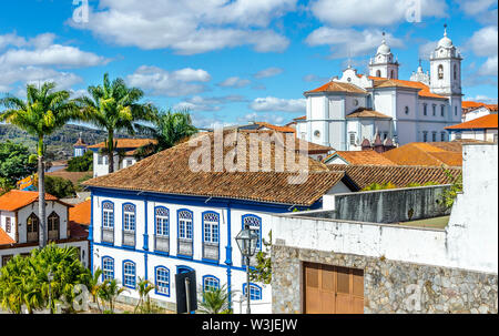 Historical tours ; streets of Diamantina with historial buildings and  St. Anthony Cathedral . Diamantina , Minas Gerais, Brazil . Stock Photo