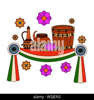 indian ceramic pots with drum and lotus flowers Stock Vector