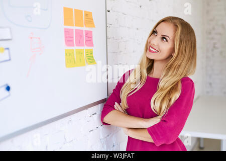 Happy woman at office planning new mobile application wireframe Stock Photo