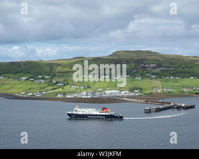 Caledonian MacBrayne car ferry MV Hebrides departing Uig ferry terminal on the Isle of Skye, Scotland Stock Photo