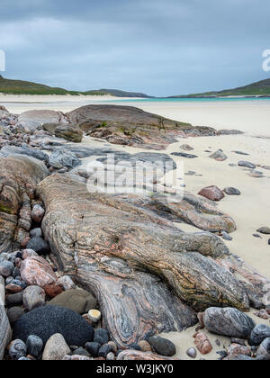 Rock formations and patterns on the beach at Tráigh Mheilein near Huisinis, Isle of Harris, Outer Hebrides, Scotland Stock Photo