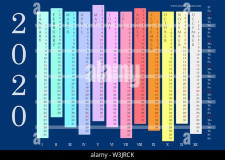 Colorful wall calendar 2020 with vertical months, days of the week, Sundays and Wednesdays highlighted on navy blue background. Vector 10 EPS Stock Vector