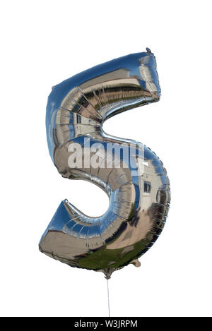number 5 helium filled balloon against white with clipping path Stock Photo