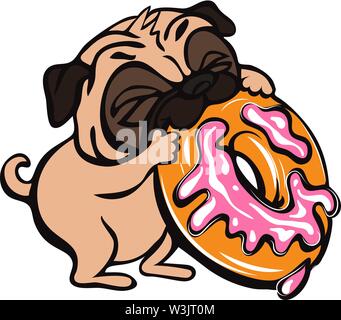 Pug eat donut icon. Cartoon of pug eat donut vector icon for web design isolated on white background Stock Vector