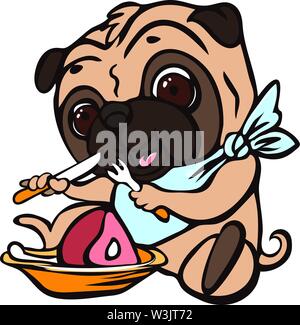 Pug eat meat icon. Cartoon of pug eat meat vector icon for web design isolated on white background Stock Vector