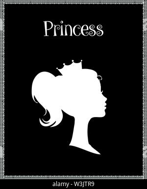 Princess or Queen Profile Silhouette with Crown on Head, Monochrome Cameo Victorian Portrait of Royal Person in Lace Frame, Cute Girl Weraring Tiara S Stock Photo