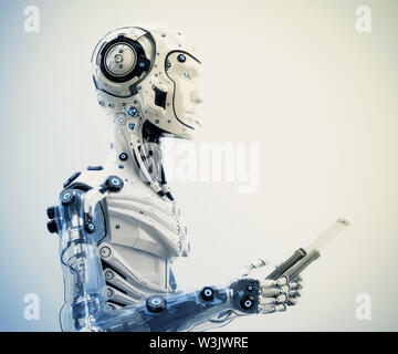 Humanoid robot working with glass digital tablet, 3d illustration Stock Photo
