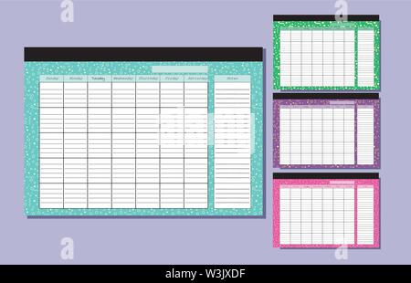 Desk Calendar Template. Set of endless glider with geometric pattern. seven columns and a recording area. Four seasons. Green, pink, purple background. In the style of memphis. Vector illustration. Printable wall decor. Modern design Stock Vector