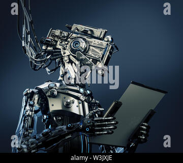 Cyborg working with digital tablet, 3d illustration Stock Photo