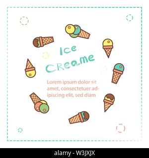 Ice Cream Icons. Round frame and hand lettering. Handwritten letters and pattern text. In flat style sweets. Card, poster or banner for the site. Square afisha. For registration of cafe or restaurant, parties. Vector illustration Stock Vector