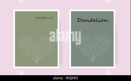 Handmade Dandelion in Doodle Style. Flying petals in the shape of a heart. Template card. A set of posters in green. Flowering plant. Sketch botanical. White contour herbal. Simple, gentle drawing. Concept for congratulations. Vector illustration Stock Vector
