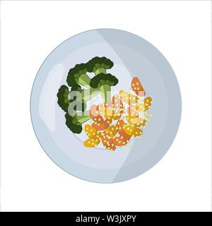 Food on the plate. Broccoli and potatoes with sesame. Lunch or dinner. Icon for application, website design or menu, restaurant, cafe. Proper nutrition icon. Healthy food. Vector illustration of recipe for vegetables on a round dish. In flat style Stock Vector