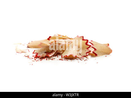 Red pencil wooden flakes and graphite, white background Stock Photo