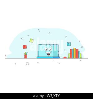 Computer repaired. Funny cartoon computer character rejoices and laughs. Workspace. Assisted. Vector illustration for blog, website, banner. Blue background. Office equipment. Thumbs up. Emotional laptop Stock Vector
