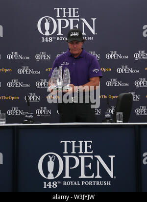 USA's Phil Mickelson in a press conference to present him with outstanding achievement award, marking 25 years of him being inside the world's top 50, during preview day three of The Open Championship 2019 at Royal Portrush Golf Club. Stock Photo