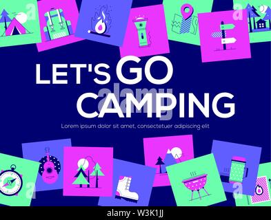 Lets go camping - colorful flat design style web banner Stock Vector