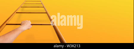 Career Growth. Woman Moving Up Ladder Over Orange Wall Stock Photo