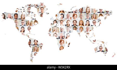 Indoor portrait collage of people of different ages on world map as globalization, society and generations concept Stock Photo