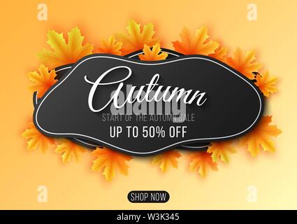 Horizontal colorful background with 3D abstract liquid layers, paper cut waves, realistic fall leaves. Autumn vector background design layout for bann Stock Vector