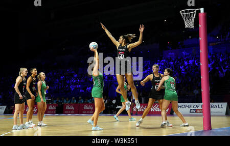 New Zealand's Phoenix Karaka (centre right) in action against Northern Ireland during the netball World Cup match at the M&S Bank Arena, Liverpool. Stock Photo