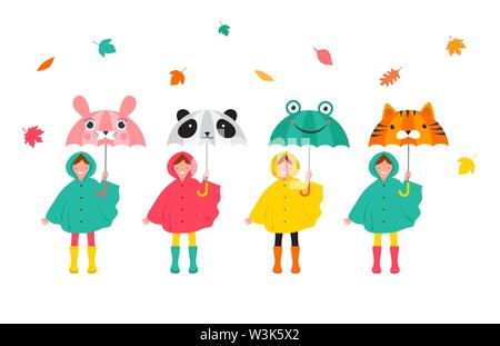 Autumn, fall scene with various cute kids, boys and girls in colorful raincoats having fun, playing with autumn leaves, holding a funny umbrellas. Col Stock Vector