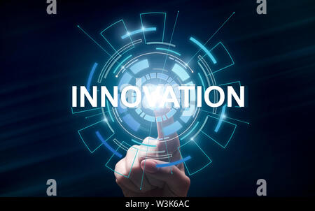 Businessman Presses Button Innovation On Virtual Screen Stock Photo