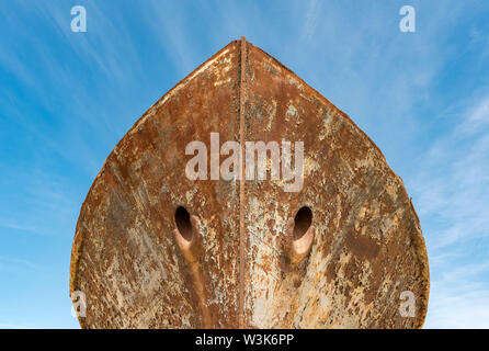 Close-up of rusting ship in the former Aral Sea port of Moynaq (Moynak), Uzbekistan Stock Photo