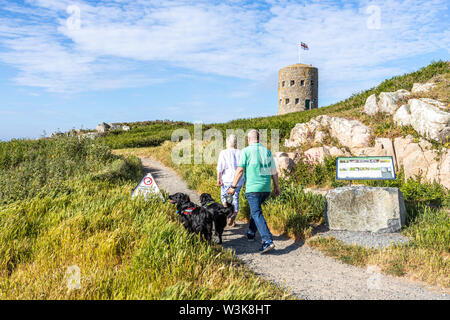 A middle aged couple walking their dogs on the coastal path beside Loophole Tower No 5 L'Ancresse (Nid de l'Herbe, Vale), Guernsey, Channel Islands UK Stock Photo