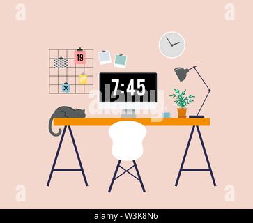 Working at home, freelancers home office, coworking space, concept illustration. Young people, m n and wom n freelancers working on laptops and comput Stock Vector