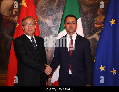 Rome, Italy. 15th July, 2019. Li Hongzhong (L), a member of the Political Bureau of the Communist Party of China (CPC) Central Committee and Secretary of the CPC Tianjin Municipal Committee, meets with Luigi Di Maio, Italian deputy prime minister and economic development minister, in Rome, Italy, July 15, 2019. A delegation of the CPC headed by Li concluded its four-day visit to Italy at the invitation of Italian government on Tuesday. Credit: Alberto Lingria/Xinhua/Alamy Live News Stock Photo