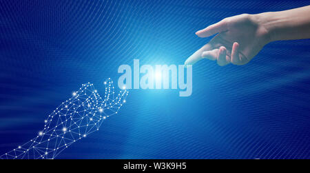 Connection Between Human and Virtual World, Reaching Each Other Stock Photo