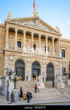 The entrance to The Biblioteca Nacional de España, National Library of Spain, on the Paseo de Recoletos, central Madrid, Spain, Stock Photo