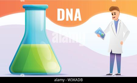 Dna green flask concept banner. Cartoon illustration of dna green flask vector concept banner for web design Stock Vector